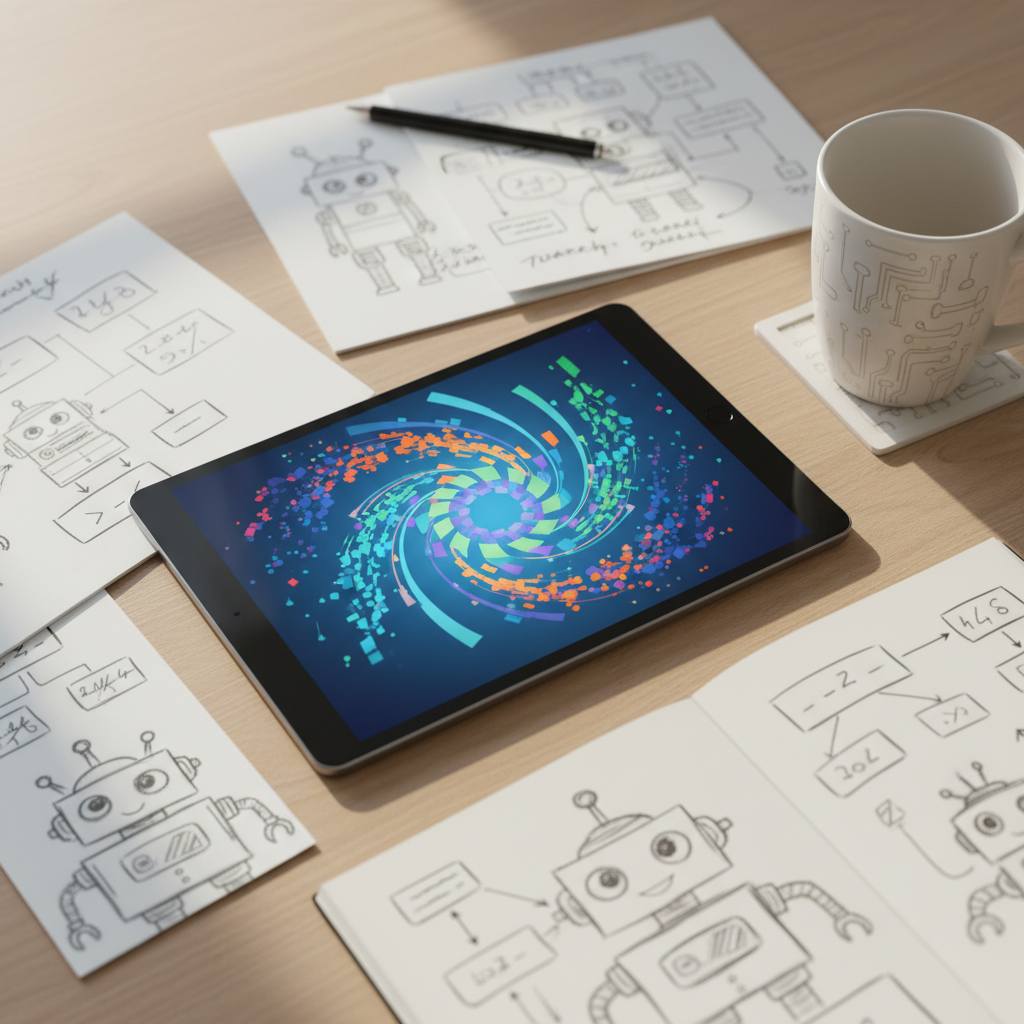 An overhead photographic view of a tidy workstation where a slim, graphite-colored tablet lies at the center, displaying a vibrant, abstract swirl of algorithm-like shapes and colorful data clusters with no actual text. Around it, scattered index cards and sketchbook pages show hand-drawn flowcharts and whimsical robot doodles, slightly out of focus. A ceramic mug with faint circuit-pattern etching sits nearby on a light oak desk. Soft, diffused morning light from the left creates gentle shadows and a calm, contemplative atmosphere. The composition uses rule of thirds, emphasizing the tablet as the focal point, while a shallow depth of field hints at organized creativity. The mood is playful yet thoughtful, perfectly suited to exploring ideas at the intersection of AI, leadership, and human imagination.