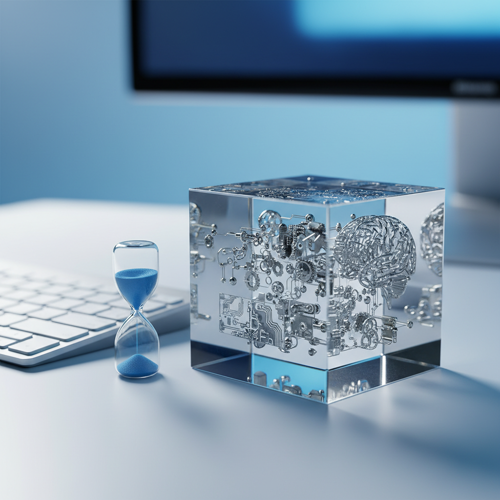 A close-up, photographic shot of a transparent acrylic cube filled with tiny suspended metallic shapes resembling miniature gears, circuits, and abstract brain-like forms, all hovering in layered depth. The cube rests on a clean white surface beside a brushed aluminum keyboard and a small sand timer with cobalt-blue grains mid-fall. Cool, directional studio lighting from the right creates crisp reflections in the acrylic and delicate shadows on the table, giving the scene a sharp, futuristic clarity. The background fades into a soft, bluish gradient bokeh with the hint of an out-of-focus monitor glow. Composed with asymmetrical balance and a shallow depth of field, the image feels clever, modern, and slightly playful, symbolizing the frozen moment where human judgment and machine intelligence meet.
