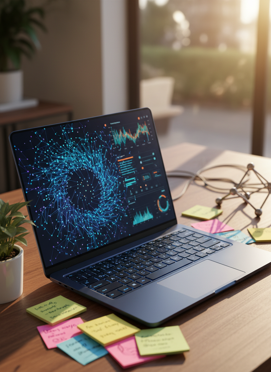 A sleek, midnight-blue laptop with a glowing neural network pattern subtly reflected on its brushed metal surface, half-open on a walnut desk scattered with colorful sticky notes and a small desk plant. The screen displays an abstract, blurred interface of charts and flowing connection lines, hinting at AI analytics without readable text. Warm afternoon light pours in from an unseen window, casting long, playful shadows of cables and a minimalist desk toy shaped like interconnected nodes. Shot at eye level with a shallow depth of field, the laptop keys are tack-sharp while the background melts into soft bokeh. The photographic realism and clean, modern composition create a curious, inviting mood, suggesting smart, human-centered thinking about AI and technology.