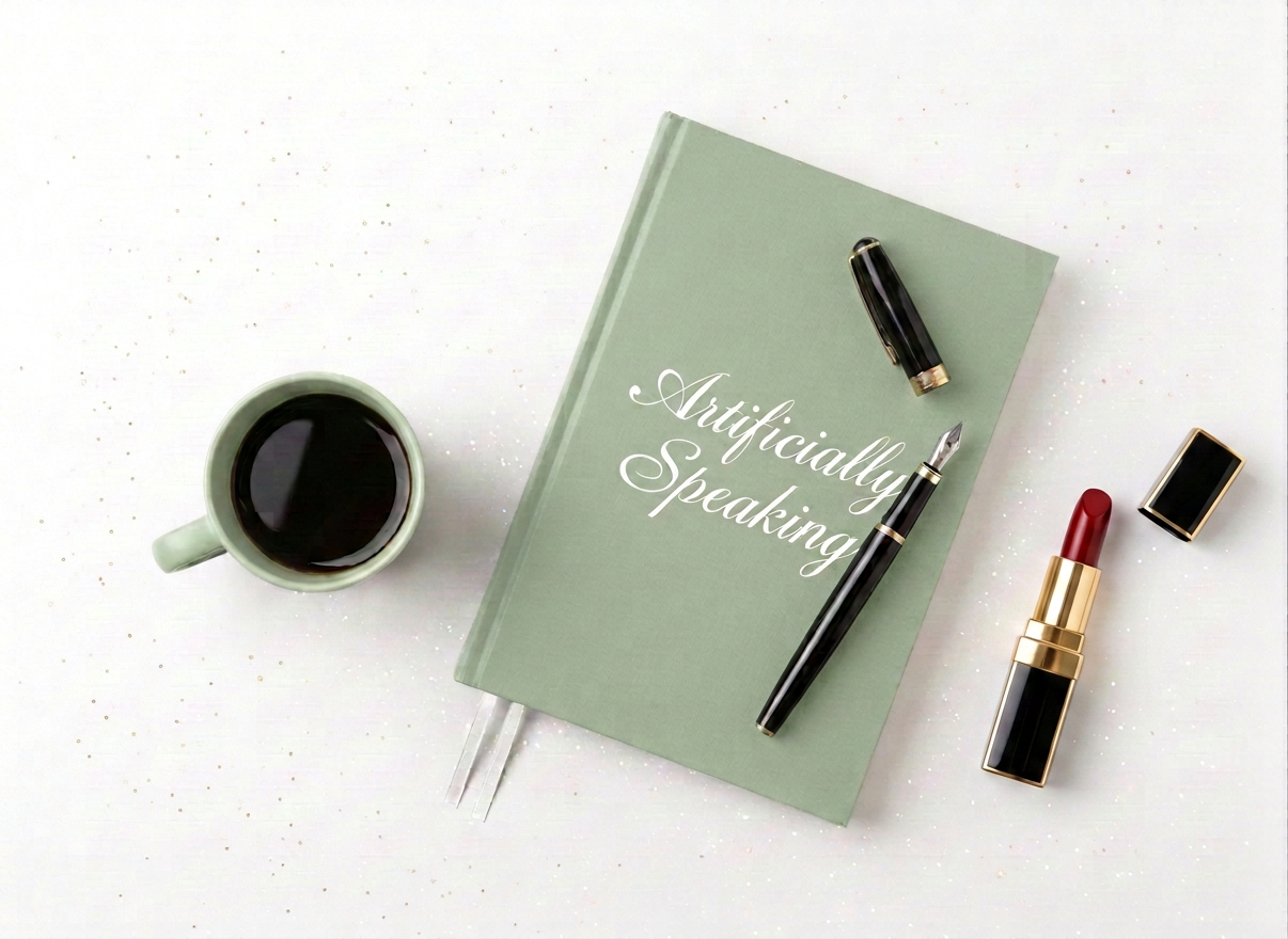 Overhead flatlay photograph on a clean white background. Centre: a solid sage green hardcover notebook (no polka dots, no patterns) with the text "Artificially Speaking" written in elegant script on the cover. A sleek black Mont Blanc fountain pen with gold trim rests diagonally ON TOP of the notebook. To the left: a sage green ceramic coffee cup containing black coffee with no milk — the coffee surface is dark, no foam or milk visible. Minimal, chic, feminine aesthetic. Soft natural studio lighting. Nothing else in the frame — no post-its, no flowers, no food, no extra props.