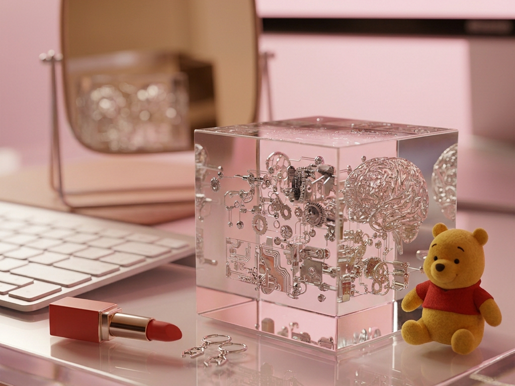 A close-up, photographic shot of a transparent acrylic cube filled with tiny suspended metallic shapes resembling miniature gears, circuits, and abstract brain-like forms, all hovering in layered depth. The cube rests on a clean white surface beside a brushed aluminum keyboard and a small sand timer with cobalt-blue grains mid-fall. Cool, directional studio lighting from the right creates crisp reflections in the acrylic and delicate shadows on the table, giving the scene a sharp, futuristic clarity. The background fades into a soft, bluish gradient bokeh with the hint of an out-of-focus monitor glow. Composed with asymmetrical balance and a shallow depth of field, the image feels clever, modern, and slightly playful, symbolizing the frozen moment where human judgment and machine intelligence meet.